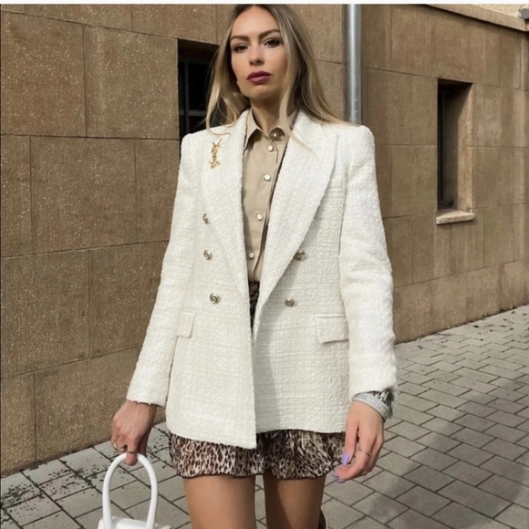 ZARA Tweed Textured Double Breasted Blazer gold buttons size S - Picture 4 of 16
